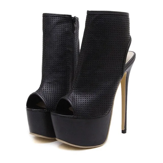 2020 Neue Sommerschuhe Damen Knöchelstiefel Offene Zehen High Heels 16 cm Stiletto Stiefel Slingback Damen Schwarz Party Reißverschluss Botas Mujer Fashion Nova Schuhe