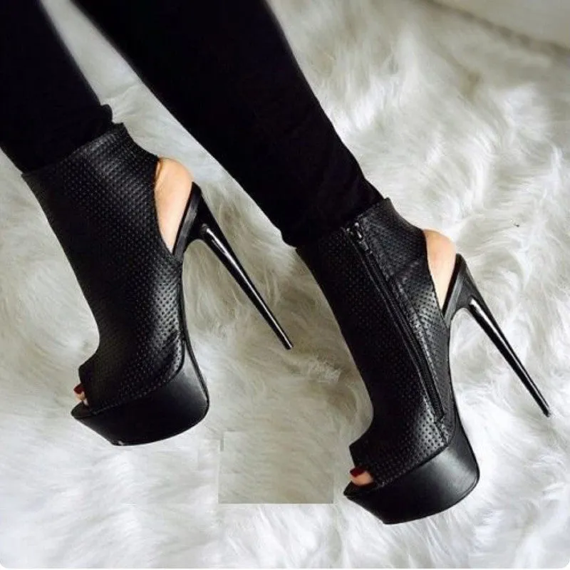 2020 Neue Sommerschuhe Damen Knöchelstiefel Offene Zehen High Heels 16 cm Stiletto Stiefel Slingback Damen Schwarz Party Reißverschluss Botas Mujer Fashion Nova Schuhe
