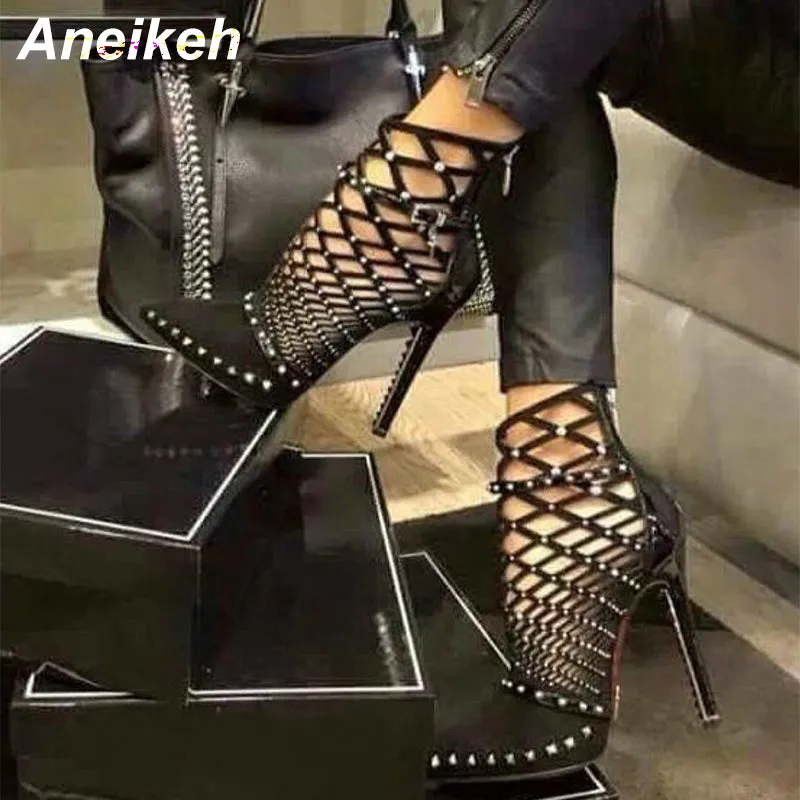 Aneikeh Gladiatoren Römische Sandalen Sommer Nieten Besetzt Ausgeschnitten Käfig Knöchel Stiefel Stiletto High Heel Frauen Sexy Schuhe Party Bootie Fashion Nova Schuhe