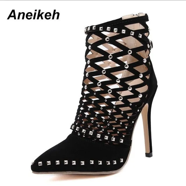 Aneikeh Gladiatoren Römische Sandalen Sommer Nieten Besetzt Ausgeschnitten Käfig Knöchel Stiefel Stiletto High Heel Frauen Sexy Schuhe Party Bootie Fashion Nova Schuhe