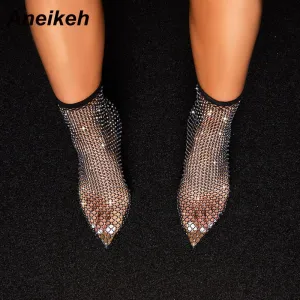 Aneikeh New Spring Kristall Mesh Stiefel Damen PVC High Heels Schuhe Dünne Absätze Pumps Sexy Damen Party Hochzeit Sandalen Stiefel Größe 42 Fashion Nova Schuhe
