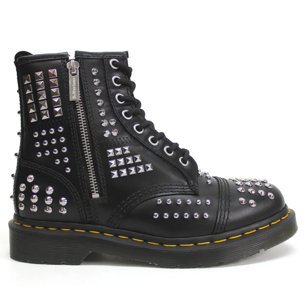 Dr. Martens 1460 Stiefel mit Nieten und Reißverschluss in Atlas-Leder, Unisex Knöchelstiefel für Biker