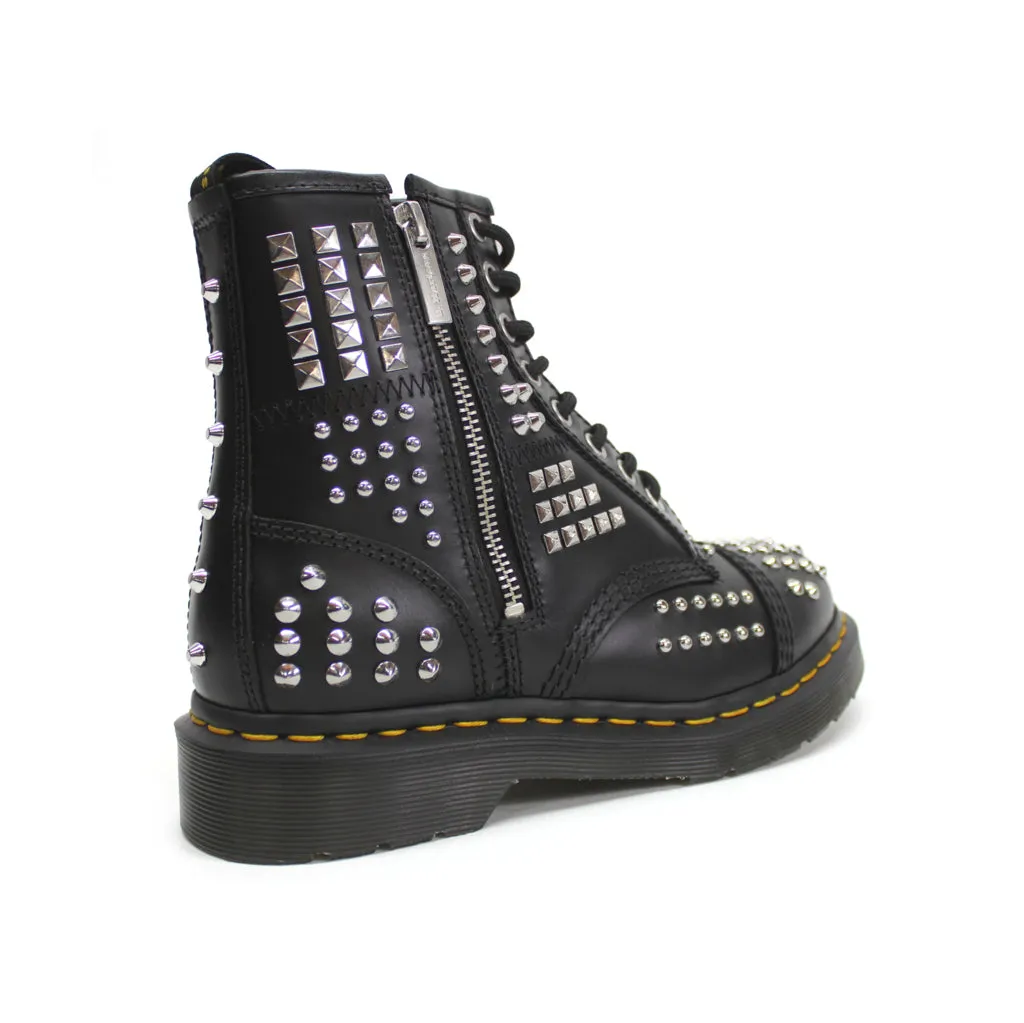 Dr. Martens 1460 Stiefel mit Nieten und Reißverschluss in Atlas-Leder, Unisex Knöchelstiefel für Biker