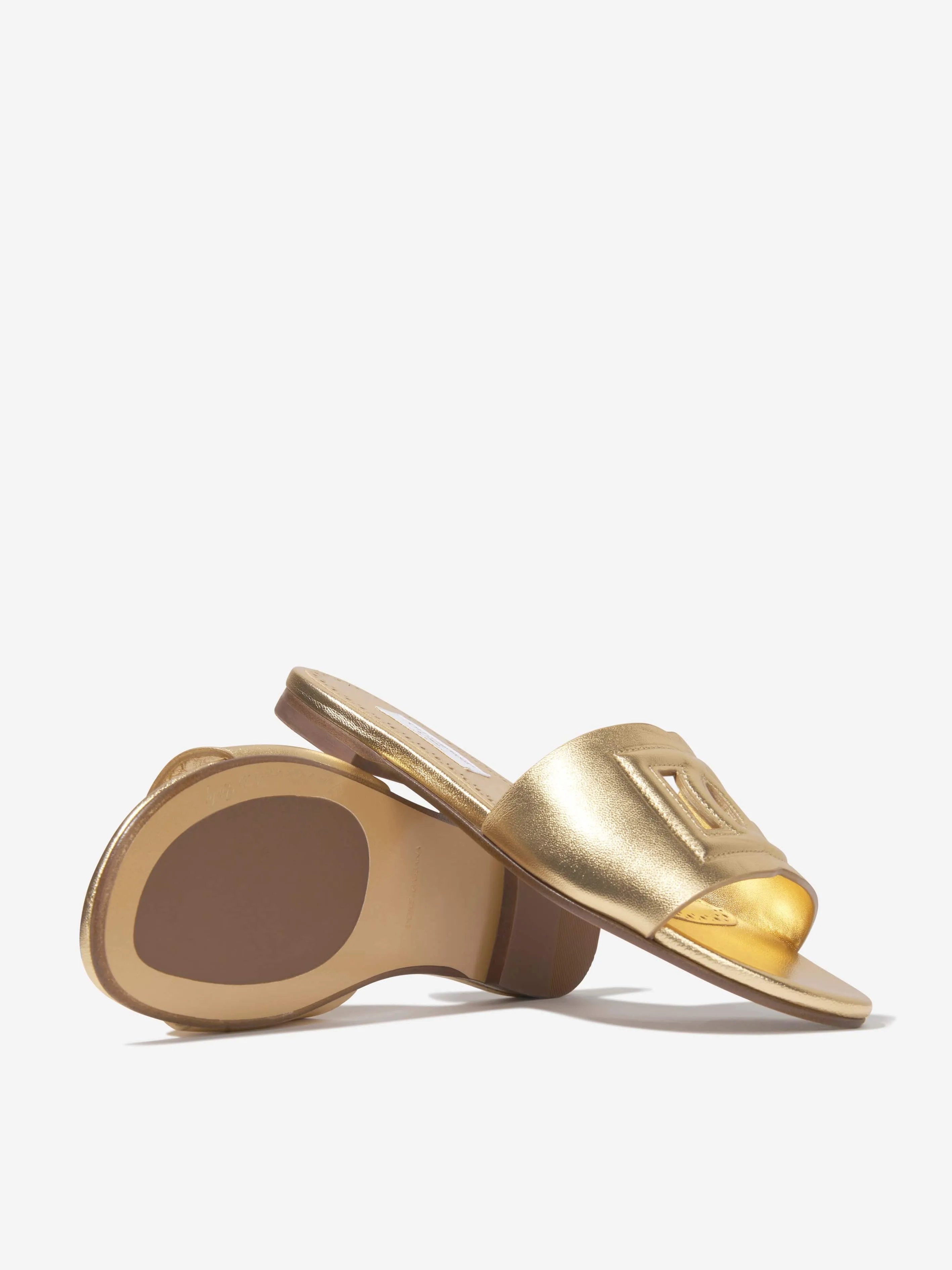 Goldene Ledersandalen mit Logo-Schieber für Mädchen