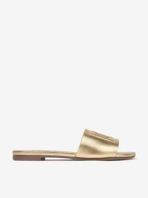 Goldene Ledersandalen mit Logo-Schieber für Mädchen