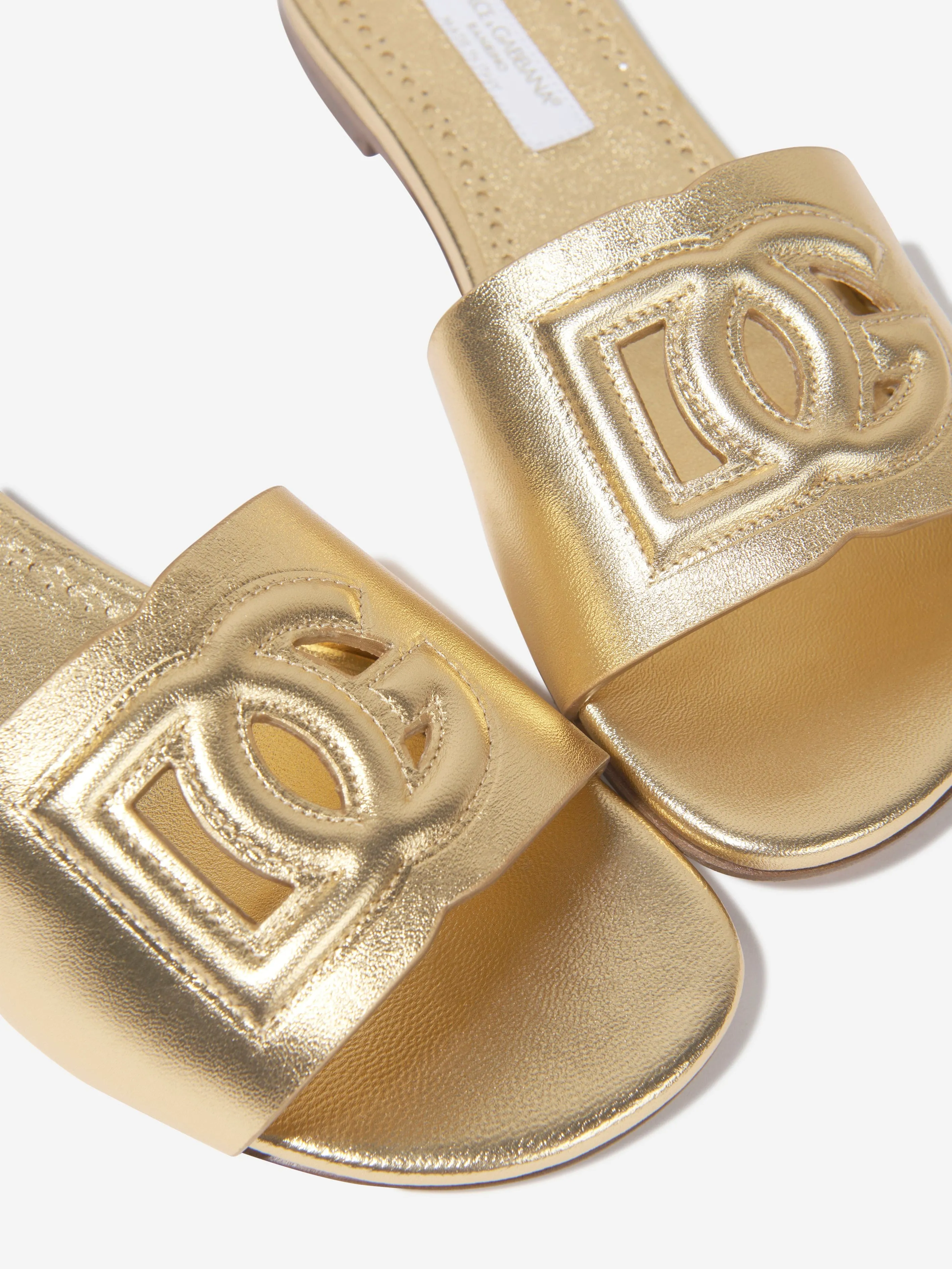 Goldene Ledersandalen mit Logo-Schieber für Mädchen