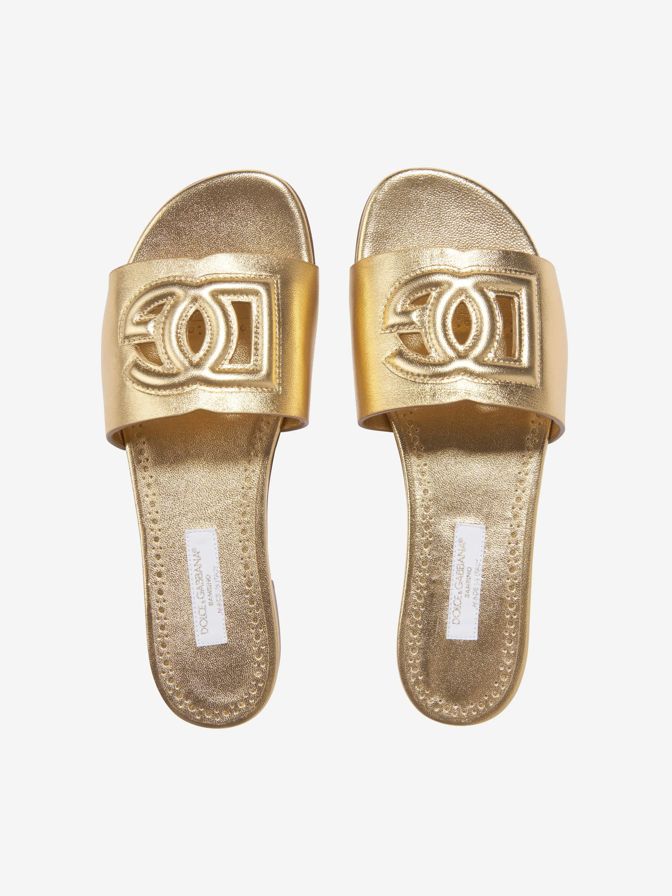 Goldene Ledersandalen mit Logo-Schieber für Mädchen